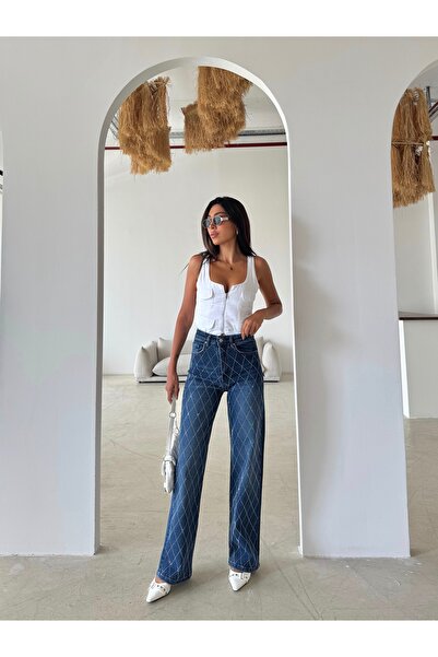 LOS FECHKA Kadın Mavi Renk Taş Detaylı Geniş Paça Pantolon