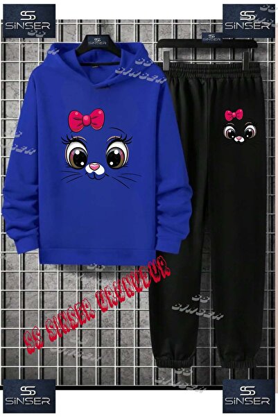 SS SİNSER Çocuk Unısex "KEDI GOZ PEMBE KURDELE" Özel Baskılı Kapşolu Eşofman Takımı