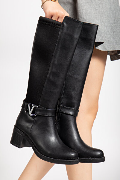 mysticaluxe Shoes Sayna Black Diver, cizme elastice pentru femei, cu detaliu din material elastic, cu cataramă M0014