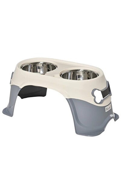 JollyMag Castron, bol, pentru caine, dublu, suport inaltat, inox si plastic, gri si bej, 47x20x25 cm