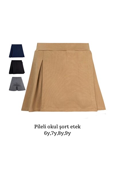 Elit Pileli okul şort etek KAHVERENGİ