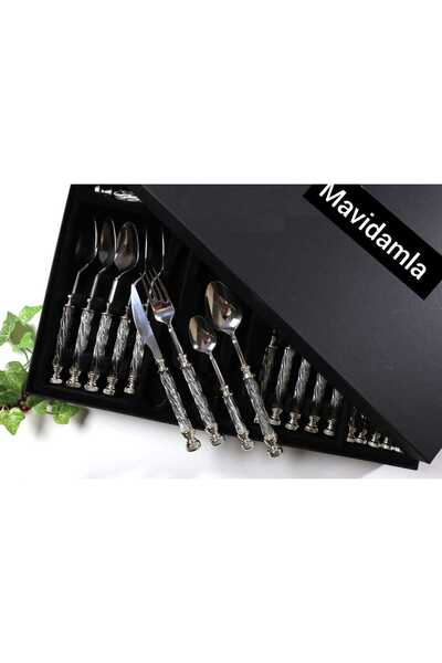 MaviDamla 24 Piece Crystal Handle Dinner Set Silver