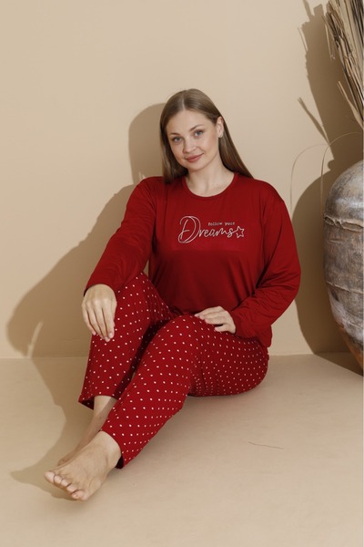 makkash Women's Milan Fabric Plus Size Curve Printed Burgundy Long Sleeve Pajama Set