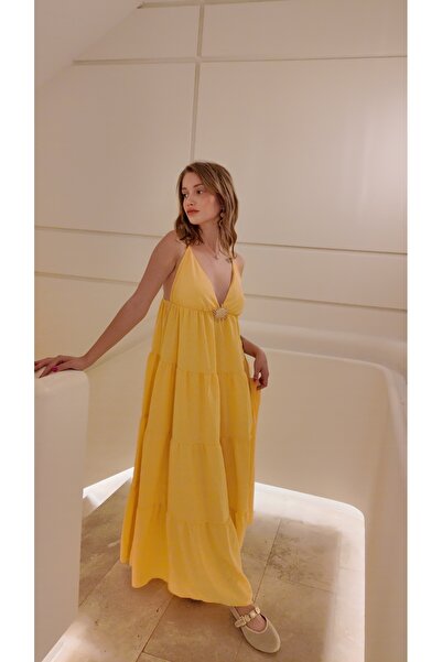 Elif Sarı gold detaylı elbise