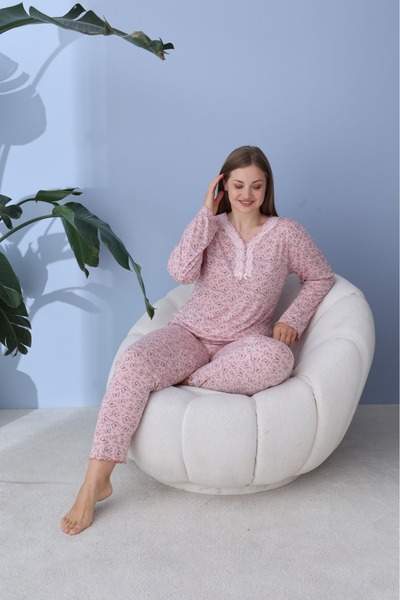 makkash Women's Plus Size Patterned V-Neck Buttoned Long Sleeve Bamboo Pajama Set