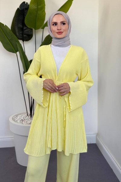 MERVEN AKYÜZ Tera Pliseli Hırka Takım Butter Yellow