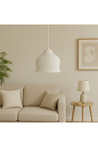 Limon 3D Desing Modern Dalgalı Desen Avize –Beyaz Tekli Sarkıt, Dekoratif Tasarım E27 Uyumlu