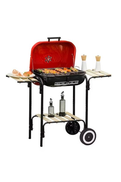 JollyMag Gratar gradina cu carbuni, grill dreptunghiular, cu roti, capac, rafturi, 43 cm, 98x49x81 cm