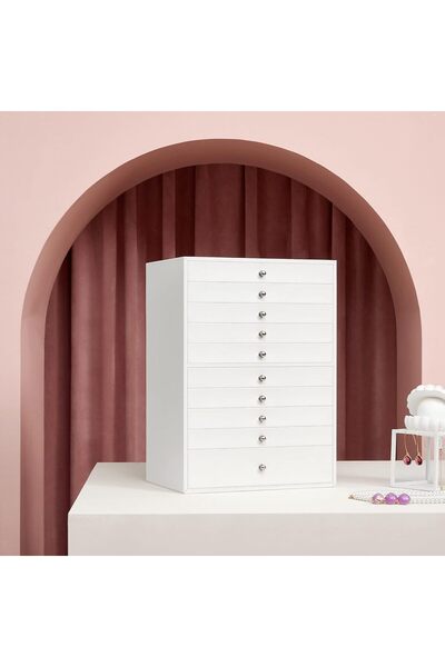 QuickStoq Jewelry Box, 10 Layers, Large Synthetic Leather, with Drawers and Watch Cushion, Jbc10W, White,