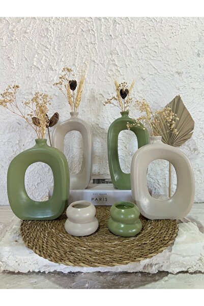 Zigzag Home Decorative Bohemian Style 6 Piece Vase and Candle Holder Set Green Beige Figurine
