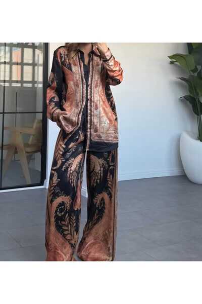 Butik Şenel Ethnic Patterned Satin Shirt and Pants Set