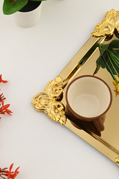 AKSESUAR EVRENİ Pietra Gold 1-Piece Decorative Stainless Steel 4-Cornered Special Presentation Tray with Gold Flower Detail