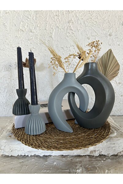 Zigzag Home Decorative Bohemian Style 4 Piece Loverly Ivy Vase and Damask Candle Holder Set Anthracite Gray Color Figurine