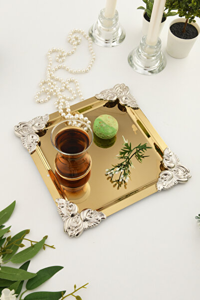 AKSESUAR EVRENİ Pietra Gold 1-Piece Decorative Stainless Steel 4-Corner Special Presentation Tray with Silver Flower Detail