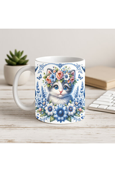 Solid Baskı Stüdyosu Kedi Figürlü Kupa Bardak - Sapı ve İçi Beyaz Modern Tasarım- Hediye İçin Uygun