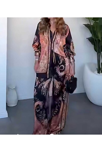 Butik Şenel Ethnic Patterned Satin Shirt and Pants Set