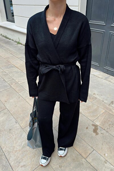 Swist Siyah Kuşaklı Hırka-Askılı Crop-Pantolon 3'lü Kadın Triko Takım