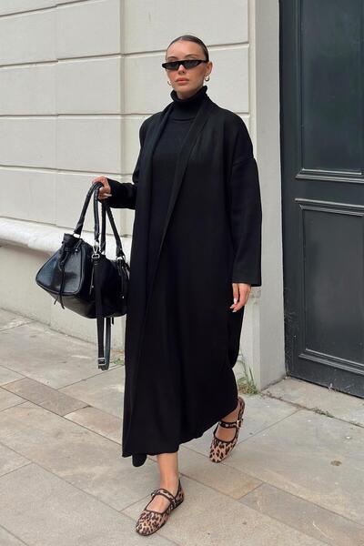 Swist Siyah Balıkçı Yaka Sıfır Kol Midi Elbise-Hırka Kadın Triko Takım