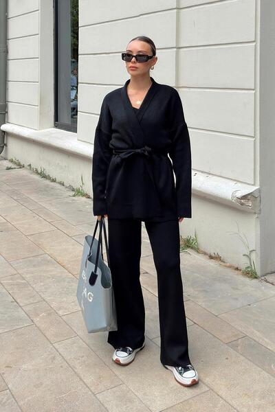 Swist Black Belted Cardigan-Strap Crop-Pants 3-Piece Women's Knitwear Set