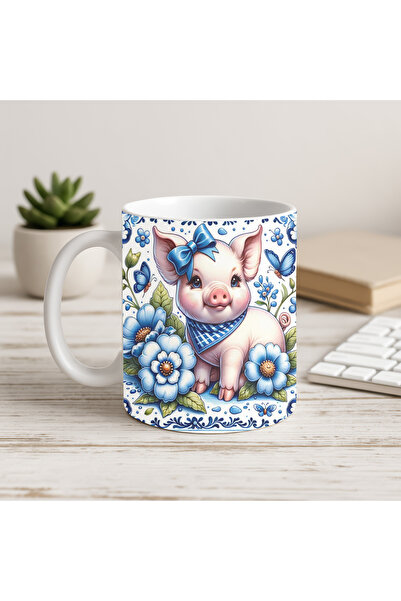 Solid Baskı Stüdyosu Pembe Tatlı Domuz Figürlü Kupa Bardak - Sapı ve İçi Beyaz Modern Tasarım- Hediye İçin Uygun