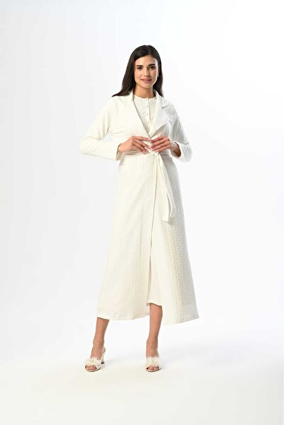 Lohussa Set de cămașă de noapte pentru femei, jacquard, ecru, cu guler șal, c...