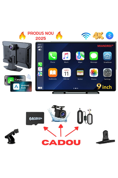 MIANDREE Navigatie Auto Universala 9" Full-Touch IPS HD, CarPlay/Android Auto Wireless