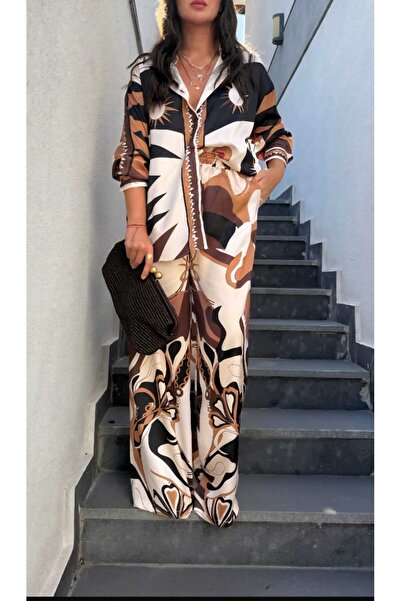 Butik Şenel Graphic Patterned Satin Trouser Shirt Set
