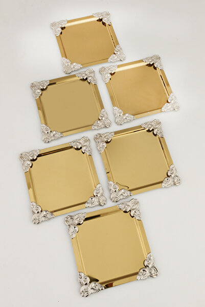 AKSESUAR EVRENİ Pietra Gold 6-Piece Decorative Stainless Steel Special Presentation Tray with 4 Corners and Silver Flower Detail