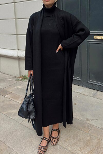 Swist Siyah Balıkçı Yaka Sıfır Kol Midi Elbise-Hırka Kadın Triko Takım