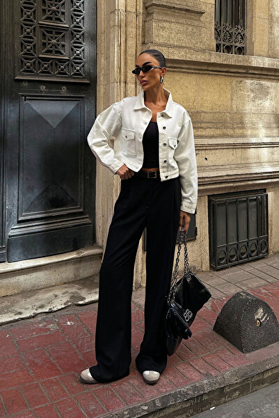 bacc Jachetă scurtă din denim cu buzunare duble albe pentru femei BCDF-255419