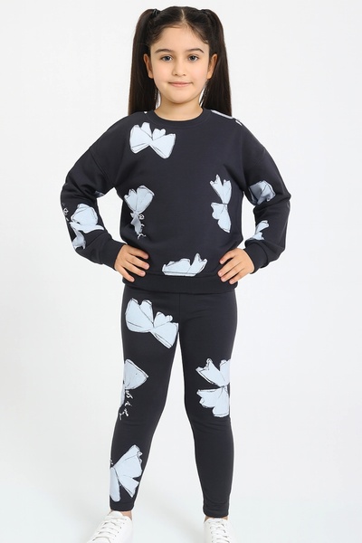 Kidmark Çocuk Modası Girl's Ribbon Detailed Leggings Top and Bottom Set