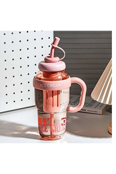Home Ice Cream Designed Water Bottle with Straw 1.3 Liter Large Volume, Transparent Color Flask, Leak-Proof Lid