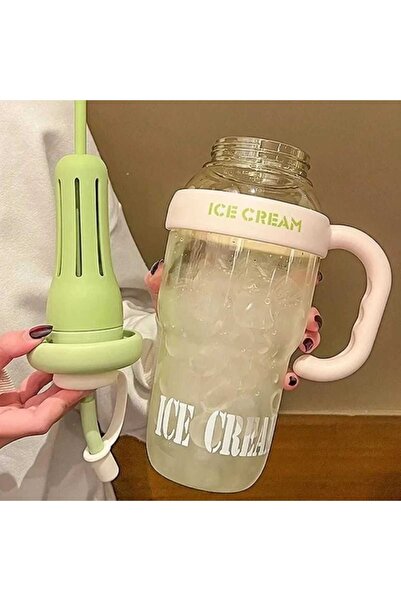Home Ice Cream Designed Water Bottle with Straw 1.3 Liter Large Volume, Transparent Color Flask, Leak-Proof Lid