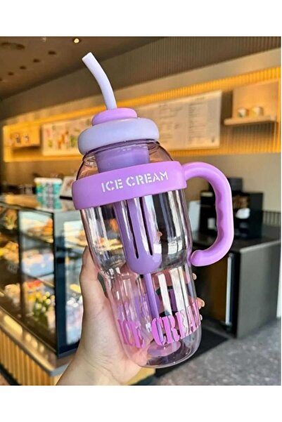 Home Ice Cream Designed Water Bottle with Straw 1.3 Liter Large Volume, Transparent Color Flask, Leak-Proof Lid