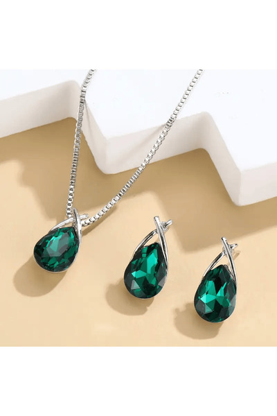 Zümrüt Oyuncakstore Green Drop Model Stone Luxury Silver Set Earrings, Neckla...