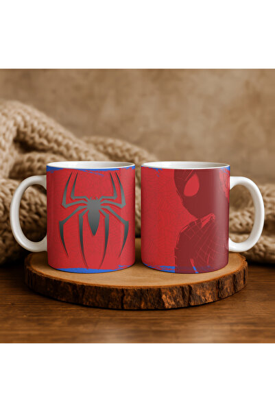 Solid Baskı Stüdyosu Örümcek Adam Kupa Bardak - Sapı ve İçi Beyaz Modern Tasa...