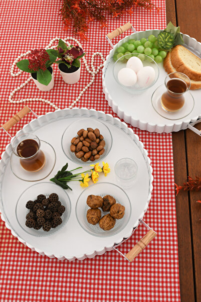 AKSESUAR EVRENİ Milano Set of 2 (37, 31 cm) White Presentation Metal Serving Tray Set Breakfast Wooden Cup Treat Holder