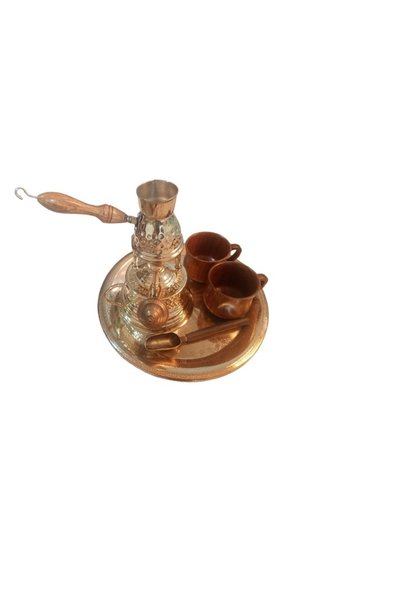 Kanka طقم قهوة تركي 6 قطع، نحاس نقي، موقد،إبريق قهوة، صينية، 2 فنجان خشب .معلقة قهوة خشب