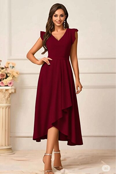 By BAYANA Volanlı V Yaka Midi Boy Krep Elbise