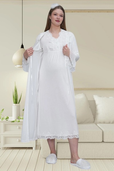 Viselya Ecru Maternity Nightgown Set with Dressing Gown