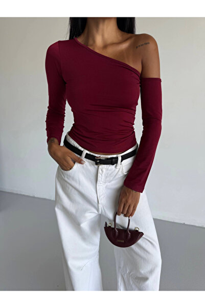 TH COLLECTİON Shoulder Detail Sleeveless Blouse Burgundy F2336 - S
