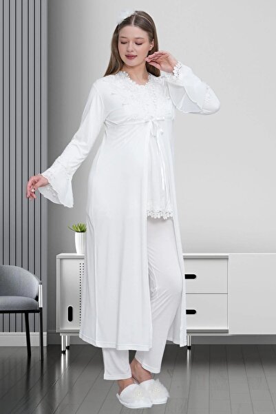 Viselya Ecru Maternity Pajama Set with Dressing Gown