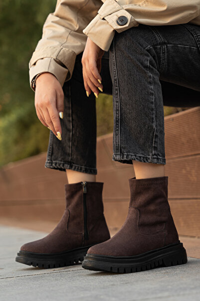 AYAKKABI MEET Kahverengi Süet Kadın Kalın Taban Günlük Kısa Bot 12365214