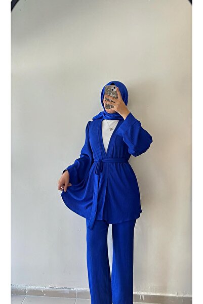 DİLEKBUTİK Saks Blue Bürümcük Kimono Pants Suit