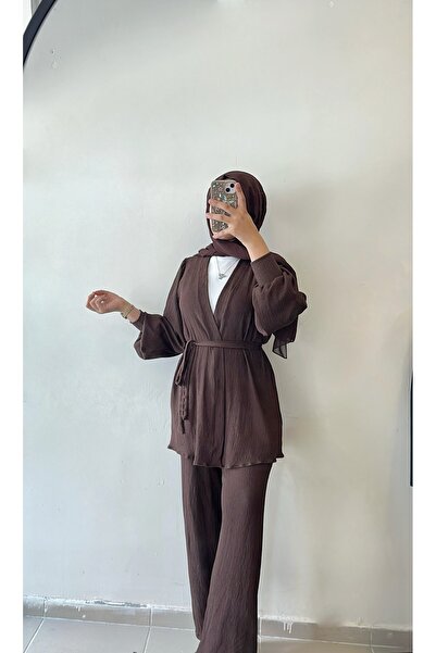 DİLEKBUTİK Brown Wrinkled Kimono Pants Set