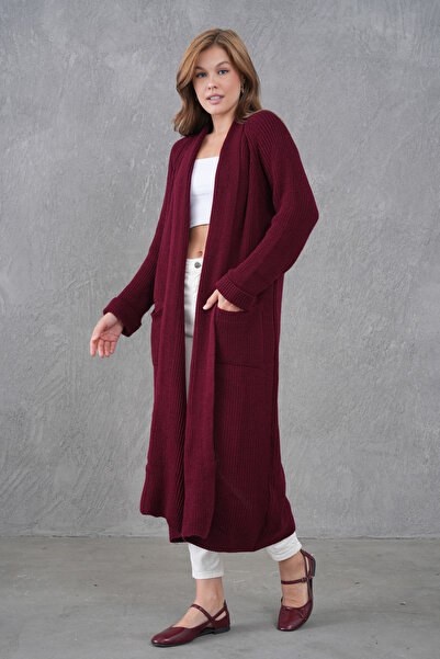 bayansepeti Burgundy Knitwear Fabric Double Pocket Shawl Collar Long Burgundy Cardigan 5001