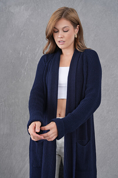 bayansepeti Navy Blue Knitwear Fabric Double Pocket Shawl Collar Long Navy Blue Cardigan 5001