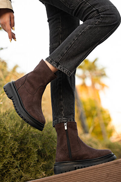 AYAKKABI MEET Kahverengi Süet Kadın Kalın Taban Günlük Kısa Bot 12365214