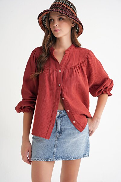 Mixray 4733 Women's Drawstring Robe Long Sleeve Muslin Shirt Cranberry