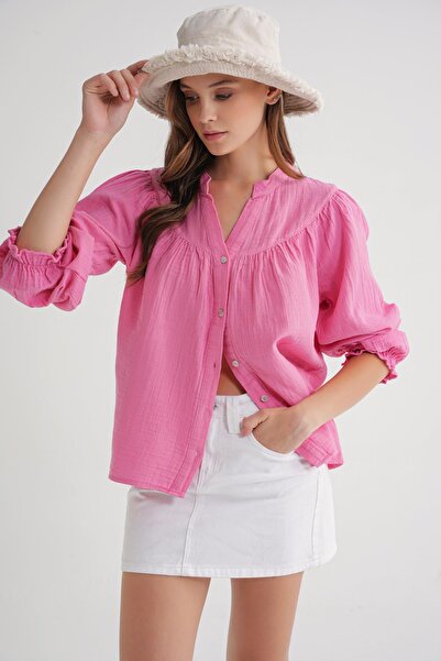 Mixray 4733 Women's Drawstring Robe Long Sleeve Muslin Shirt Pink